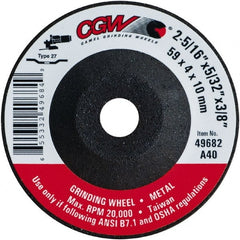 Camel Grinding Wheels - 40 Grit, 2-5/16" Wheel Diam, 5/32" Wheel Thickness, 3/8" Arbor Hole, Type 27 Depressed Center Wheel - Medium Grade, Aluminum Oxide, Resinoid Bond, 20,000 Max RPM - Exact Tooling