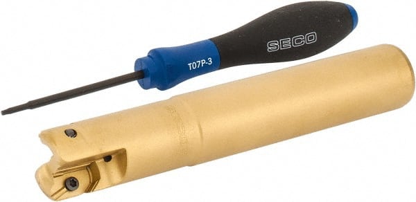 Seco - 1" Cutting Diam, 1" Shank Diam, Straight Shank Indexable Copy End Mill - 2 Inserts, XPKX12 Insert, R217.97 Toolholder, Steel, Through Coolant - Exact Tooling