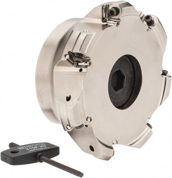 Seco - 3.94" Cut Diam, 1-1/2" Arbor Hole, 0.118" Max Depth of Cut, 40° Indexable Chamfer & Angle Face Mill - 7 Inserts, ON.U 05 Insert, Right Hand Cut, 7 Flutes, Through Coolant, Series Double Octo 05 - Exact Tooling