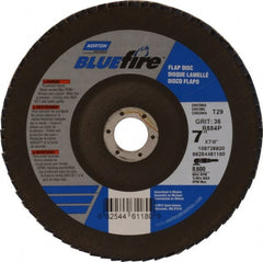 Norton - 36 Grit, 7" Disc Diam, 7/8" Center Hole, Type 29 Zirconia Alumina Flap Disc - 8,600 Max RPM, Cloth Backing, Arbor Attaching System, Coated - Exact Tooling