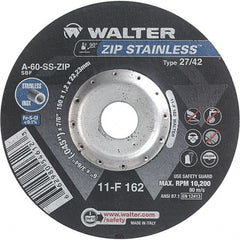 WALTER Surface Technologies - 60 Grit, 6" Wheel Diam, 3/64" Wheel Thickness, 7/8" Arbor Hole, Type 27 Depressed Center Wheel - Aluminum Oxide/Silicon Carbide Blend, Resinoid Bond, 10,200 Max RPM - Exact Tooling