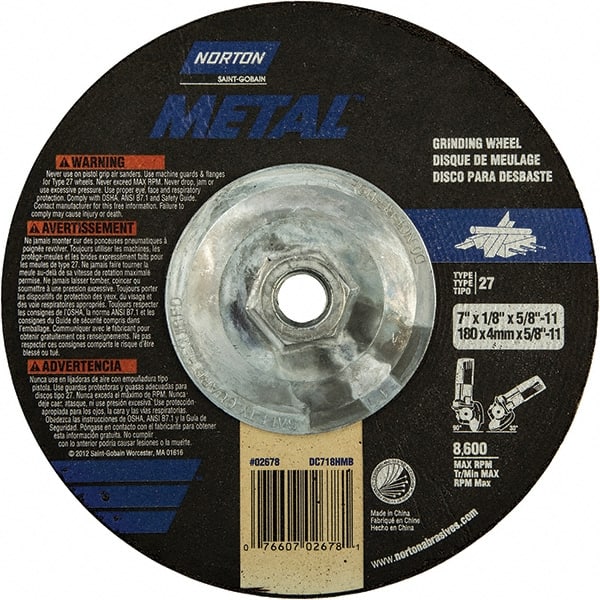 Norton - 24 Grit, 7" Wheel Diam, 1/8" Wheel Thickness, Type 27 Depressed Center Wheel - Extra Coarse Grade, Aluminum Oxide, 8,600 Max RPM, Compatible with Angle Grinder - Exact Tooling
