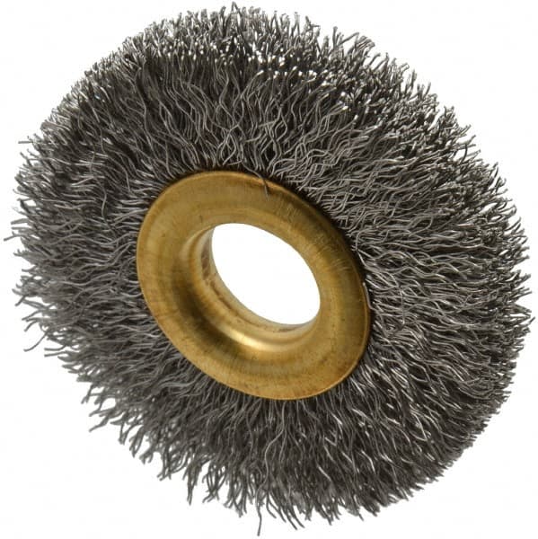 Value Collection - 2" OD, 1/2" Arbor Hole, Crimped Stainless Steel Wheel Brush - 5/16" Face Width, 1/2" Trim Length, 0.007" Filament Diam, 15,000 RPM - Exact Tooling