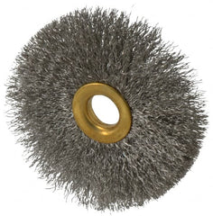 Value Collection - 3" OD, 1/2" Arbor Hole, Crimped Stainless Steel Wheel Brush - 3/8" Face Width, 1" Trim Length, 0.007" Filament Diam, 15,000 RPM - Exact Tooling