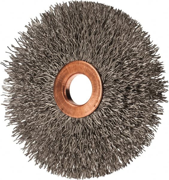 Value Collection - 3" OD, 1/2" Arbor Hole, Crimped Stainless Steel Wheel Brush - 3/8" Face Width, 1" Trim Length, 0.012" Filament Diam, 15,000 RPM - Exact Tooling
