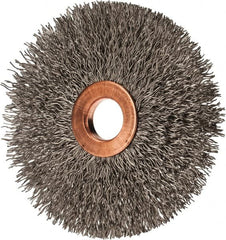 Value Collection - 3" OD, 1/2" Arbor Hole, Crimped Stainless Steel Wheel Brush - 3/8" Face Width, 1" Trim Length, 0.012" Filament Diam, 15,000 RPM - Exact Tooling