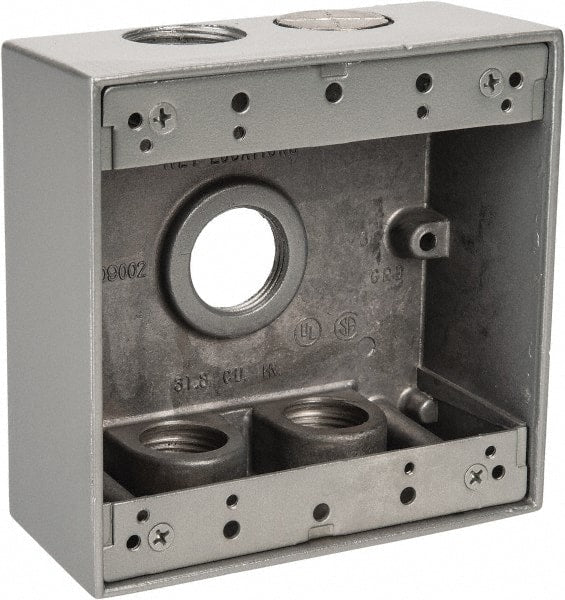 Thomas & Betts - 2 Gang, (5) 3/4" Knockouts, Aluminum Square Outlet Box - 4-9/16" Overall Height x 4-5/8" Overall Width x 2-1/16" Overall Depth, Weather Resistant - Exact Tooling