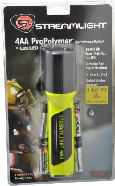 Streamlight - White LED Bulb, 100 Lumens, Industrial/Tactical Flashlight - Yellow Plastic Body, 4 AA Alkaline Batteries Included - Exact Tooling