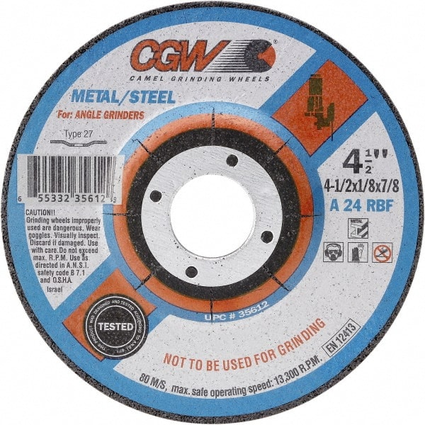 Camel Grinding Wheels - 24 Grit, 9" Wheel Diam, 1/8" Wheel Thickness, 7/8" Arbor Hole, Type 27 Depressed Center Wheel - Coarse Grade, Aluminum Oxide, Resinoid Bond, 6,650 Max RPM - Exact Tooling