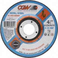 Camel Grinding Wheels - 24 Grit, 9" Wheel Diam, 1/8" Wheel Thickness, 7/8" Arbor Hole, Type 27 Depressed Center Wheel - Coarse Grade, Aluminum Oxide, Resinoid Bond, 6,650 Max RPM - Exact Tooling