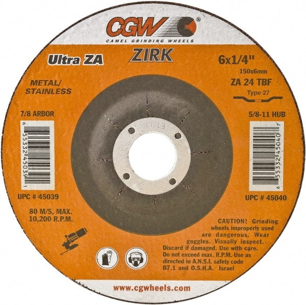 Camel Grinding Wheels - 24 Grit, 6" Wheel Diam, 1/4" Wheel Thickness, Type 27 Depressed Center Wheel - Coarse Grade, Zirconia Alumina, Resinoid Bond, 10,200 Max RPM - Exact Tooling