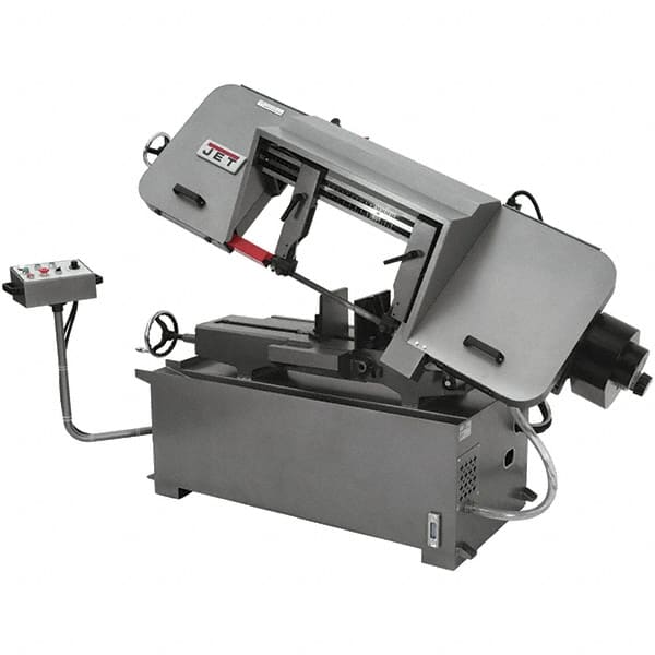 Jet - 10 x 16" Max Capacity, Semi-Automatic Variable Speed Pulley Horizontal Bandsaw - 100 to 350 SFPM Blade Speed, 230/460 Volts, 45°, 2 hp, 3 Phase - Exact Tooling