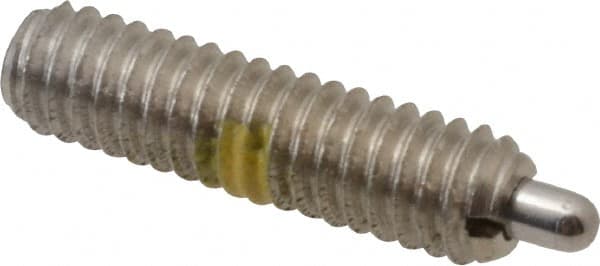 Vlier - 8-32, 5/8" Thread Length, 3/32" Plunger Projection, Stainless Steel Threaded Spring Plunger - 0.069 - 0.07" Max Plunger Diam, 5/8" Plunger Length, 0.7 Lb Init End Force, 2.3 Lb Final End Force - Exact Tooling