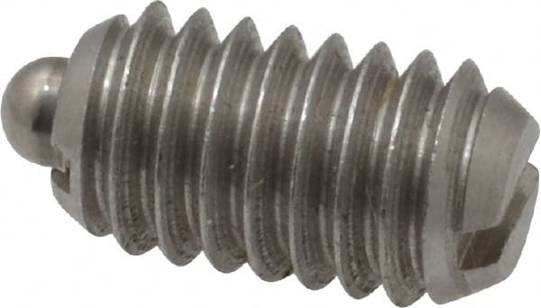 Vlier - 5/16-18, 9/16" Thread Length, 1/12" Plunger Projection, Stainless Steel Threaded Spring Plunger - 0.135" Max Plunger Diam, 0.562" Plunger Length, 3.75 Lb Init End Force, 15.5 Lb Final End Force - Exact Tooling