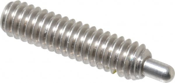 Vlier - 1/4-20, 1" Thread Length, 3/16" Plunger Projection, Stainless Steel Threaded Spring Plunger - 0.117 - 0.118" Max Plunger Diam, 1" Plunger Length, 3 Lb Init End Force, 13 Lb Final End Force, 0.079" Hex - Exact Tooling