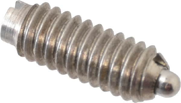 Vlier - 8-32, 7/16" Thread Length, 0.052" Plunger Projection, Stainless Steel Threaded Spring Plunger - 0.07" Max Plunger Diam, 0.437" Plunger Length, 1.5 Lb Init End Force, 4.75 Lb Final End Force - Exact Tooling
