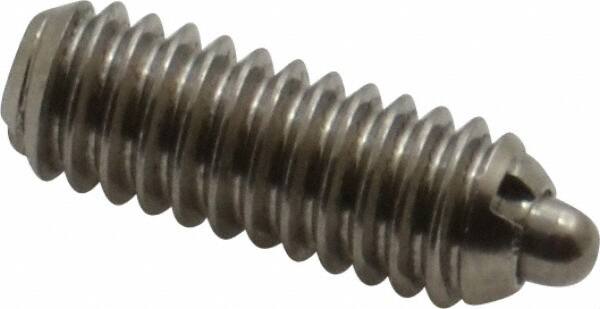 Vlier - 8-32, 7/16" Thread Length, 0.052" Plunger Projection, Stainless Steel Threaded Spring Plunger - 0.07" Max Plunger Diam, 0.437" Plunger Length, 0.5 Lb Init End Force, 1.5 Lb Final End Force - Exact Tooling