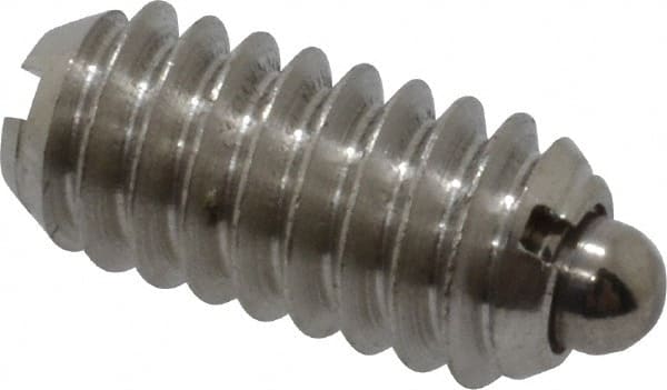 Vlier - 1/4-20, 17/32" Thread Length, 0.078" Plunger Projection, Stainless Steel Threaded Spring Plunger - 0.119" Max Plunger Diam, 0.531" Plunger Length, 3 Lb Init End Force, 10.5 Lb Final End Force - Exact Tooling