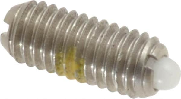 Vlier - 10-32, 0.468" Thread Length, 0.065" Plunger Projection, Stainless Steel Threaded Spring Plunger - 0.093" Max Plunger Diam, 0.468" Plunger Length, 0.75 Lb Init End Force, 2.5 Lb Final End Force - Exact Tooling