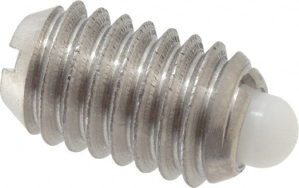 Vlier - 3/8-16, 5/8" Thread Length, 0.11" Plunger Projection, Stainless Steel Threaded Spring Plunger - 0.186" Max Plunger Diam, 0.625" Plunger Length, 4.5 Lb Init End Force, 18.5 Lb Final End Force - Exact Tooling