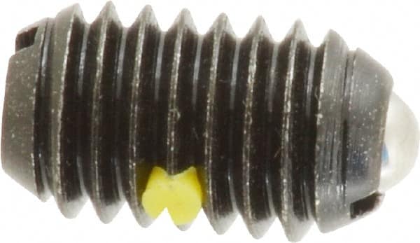 Vlier - 3/8-16, 0.188" Ball Diam, 0.625" Body Length, 0.048" Max Ball Reach, Threaded Ball Plunger - Steel Body, Steel Ball, 5 Lb Initial End Force, 10 Lb Final End Force, Locking Element - Exact Tooling