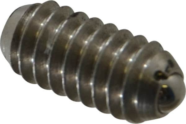 Vlier - 1/4-20, 0.125" Ball Diam, 0.531" Body Length, 0.035" Max Ball Reach, Threaded Ball Plunger - Stainless Steel Body, Stainless Steel Ball, 3 Lb Initial End Force, 7 Lb Final End Force, Locking Element - Exact Tooling