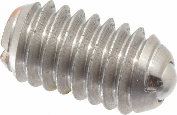 Vlier - 5/16-18, 0.156" Ball Diam, 0.578" Body Length, 0.04" Max Ball Reach, Threaded Ball Plunger - Stainless Steel Body, Stainless Steel Ball, 6 Lb Initial End Force, 17 Lb Final End Force, Locking Element - Exact Tooling