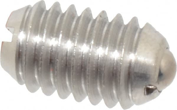Vlier - 3/8-16, 0.188" Ball Diam, 0.625" Body Length, 0.048" Max Ball Reach, Threaded Ball Plunger - Stainless Steel Body, Stainless Steel Ball, 6 Lb Initial End Force, 21 Lb Final End Force - Exact Tooling