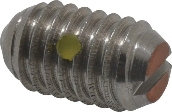 Vlier - 3/8-16, 0.188" Ball Diam, 0.625" Body Length, 0.048" Max Ball Reach, Threaded Ball Plunger - Stainless Steel Body, Stainless Steel Ball, 6 Lb Initial End Force, 21 Lb Final End Force, Locking Element - Exact Tooling