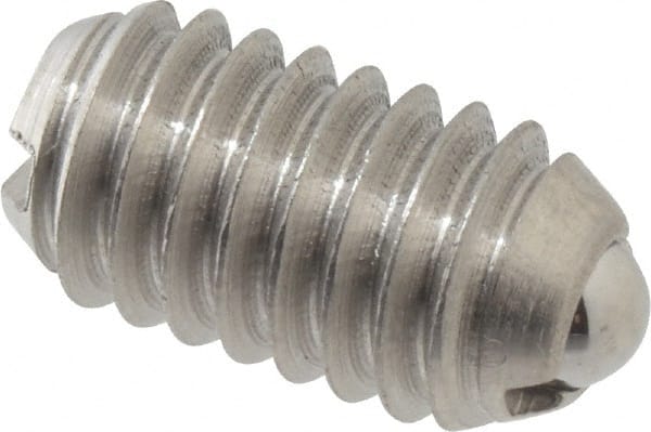 Vlier - 5/16-18, 0.156" Ball Diam, 0.578" Body Length, 0.04" Max Ball Reach, Threaded Ball Plunger - Stainless Steel Body, Stainless Steel Ball, 2 Lb Initial End Force, 4.25 Lb Final End Force - Exact Tooling