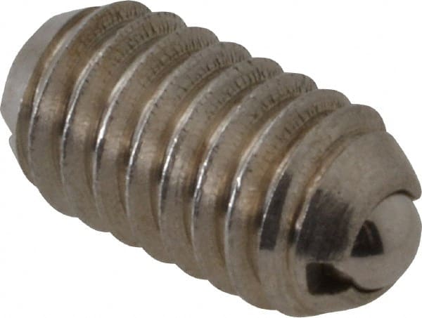 Vlier - 5/16-18, 0.156" Ball Diam, 0.578" Body Length, 0.04" Max Ball Reach, Threaded Ball Plunger - Stainless Steel Body, Stainless Steel Ball, 2 Lb Initial End Force, 4.25 Lb Final End Force, Locking Element - Exact Tooling