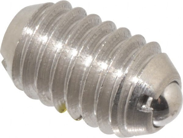 Vlier - 3/8-16, 0.188" Ball Diam, 0.625" Body Length, 0.048" Max Ball Reach, Threaded Ball Plunger - Stainless Steel Body, Stainless Steel Ball, 2.5 Lb Initial End Force, 5 Lb Final End Force, Locking Element - Exact Tooling