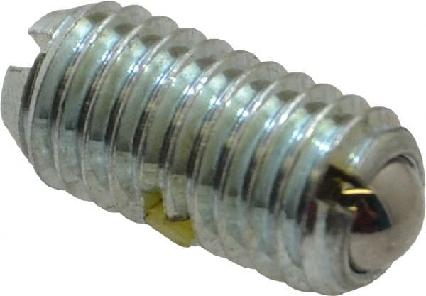 Vlier - M8x1.25, 5mm Ball Diam, 16mm Body Length, 1.5mm Max Ball Reach, Threaded Ball Plunger - Steel Body, Steel Ball, 1.12 Lb Initial End Force, 2.25 Lb Final End Force, Locking Element - Exact Tooling