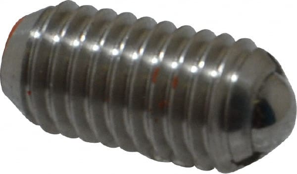 Vlier - M8x1.25, 5mm Ball Diam, 16mm Body Length, 1.5mm Max Ball Reach, Threaded Ball Plunger - Stainless Steel Body, Stainless Steel Ball, 9 Lb Initial End Force, 13.49 Lb Final End Force - Exact Tooling