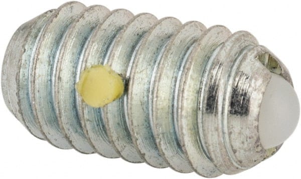 Vlier - 5/16-18, 0.156" Ball Diam, 0.578" Body Length, 0.04" Max Ball Reach, Threaded Ball Plunger - Steel Body, Nylon Ball, 2 Lb Initial End Force, 4.25 Lb Final End Force, Locking Element - Exact Tooling