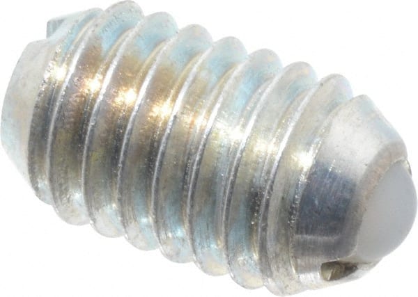 Vlier - 3/8-16, 0.188" Ball Diam, 0.625" Body Length, 0.048" Max Ball Reach, Threaded Ball Plunger - Steel Body, Nylon Ball, 2.5 Lb Initial End Force, 5 Lb Final End Force - Exact Tooling