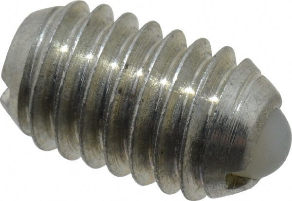 Vlier - 3/8-16, 0.188" Ball Diam, 0.625" Body Length, 0.048" Max Ball Reach, Threaded Ball Plunger - Steel Body, Nylon Ball, 2.5 Lb Initial End Force, 5 Lb Final End Force, Locking Element - Exact Tooling