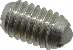 Vlier - 3/8-16, 0.188" Ball Diam, 0.625" Body Length, 0.048" Max Ball Reach, Threaded Ball Plunger - Steel Body, Nylon Ball, 2.5 Lb Initial End Force, 5 Lb Final End Force, Locking Element - Exact Tooling