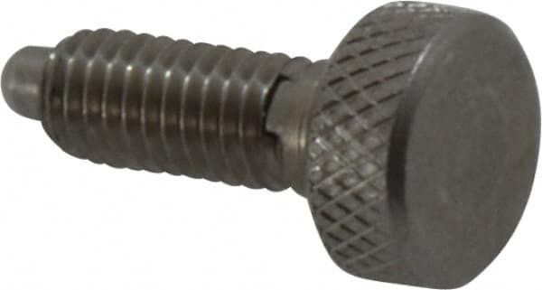 Vlier - 10-32, 0.4" Thread Length, 0.104" Max Plunger Diam, 0.5 Lb Init to 3 Lb Final End Force, Knob Handle Plunger - Knurled Knob, 0.46" Body Length, 0.4" Length Under Head/Shoulder, 3/32" Plunger Projection - Exact Tooling