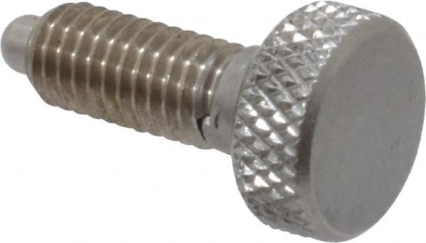 Vlier - 10-32, 0.4" Thread Length, 0.104" Max Plunger Diam, 0.5 Lb Init to 3 Lb Final End Force, Knob Handle Plunger - Knurled Knob, 0.46" Body Length, 0.4" Length Under Head/Shoulder, 3/32" Plunger Projection - Exact Tooling