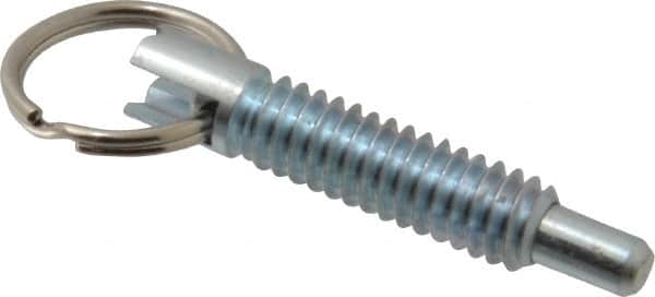 Vlier - 1/4-20, 0.8" Thread Length, 0.155" Plunger Diam, 1/4" Plunger Projection, 1 Lb Init to 2.5 Lb Final End Force, Steel Locking Pull Ring Plunger - 0.8" Len Under Head, 1.14" Body Len, 0.62" Ring Diam, 1.14" Plunger Len, 0.34" Head Height - Exact Tooling