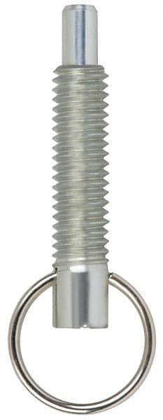 Vlier - M6x1.0, 0.8" Thread Length, 4mm Plunger Diam, 6.4mm Plunger Projection, 4.4 N Init to 11 N Final End Force, Steel Locking Pull Ring Plunger - 20.3mm Len Under Head, 29mm Body Len, 16mm Ring Diam, 1.1" Plunger Len, 0.3" Head Height - Exact Tooling