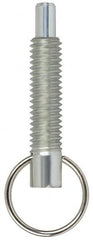Vlier - M12x1.75, 1.4" Thread Length, 8mm Plunger Diam, 12.7mm Plunger Projection, 11 N Init to 22 N Final End Force, Stainless Steel Locking Pull Ring Plunger - Exact Tooling