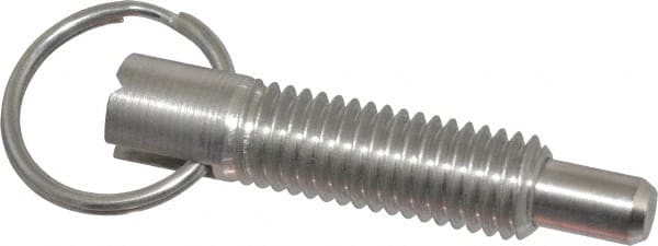 Vlier - 1/2-13, 1.4" Thread Length, 5/16" Plunger Diam, 1/2" Plunger Projection, 2.5 Lb Init to 5 Lb Final End Force, Stainless Steel Locking Pull Ring Plunger - 1.4" Len Under Head, 2" Body Len, 1.26" Ring Diam, 2" Plunger Len, 0.6" Head Height - Exact Tooling