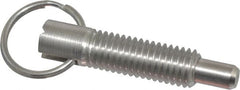 Vlier - 1/2-13, 1.4" Thread Length, 5/16" Plunger Diam, 1/2" Plunger Projection, 2.5 Lb Init to 5 Lb Final End Force, Stainless Steel Locking Pull Ring Plunger - 1.4" Len Under Head, 2" Body Len, 1.26" Ring Diam, 2" Plunger Len, 0.6" Head Height - Exact Tooling