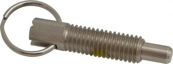 Vlier - 1/2-13, 1.4" Thread Length, 5/16" Plunger Diam, 1/2" Plunger Projection, 2.5 Lb Init to 5 Lb Final End Force, Stainless Steel Locking Pull Ring Plunger - Exact Tooling
