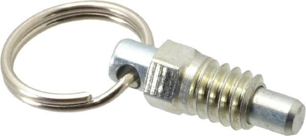 Vlier - 1/4-20, 0.31" Thread Length, 0.16" Plunger Diam, 0.19" Plunger Projection, 0.5 Lb Init to 2 Lb Final End Force, Steel Pull Ring Plunger - 0.31" Len Under Head, 0.44" Body Len, 0.62" Ring Diam, 0.62" Plunger Len, 1/4" Hex, 0.18" Head Height - Exact Tooling