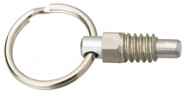 Vlier - M16x2.0, 0.56" Thread Length, 0.38" Plunger Diam, 0.44" Plunger Projection, 1.25 Lb Init to 5 Lb Final End Force, Stainless Steel Pull Ring Plunger - Exact Tooling