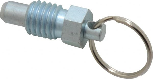 Vlier - 1/2-13, 0.43" Thread Length, 0.31" Plunger Diam, 0.38" Plunger Projection, 1 Lb Init to 4 Lb Final End Force, Steel Pull Ring Plunger - 0.56" Len Under Head, 0.81" Body Len, 1" Ring Diam, 1.06" Plunger Len, 1/2" Hex, 1/4" Head Height - Exact Tooling