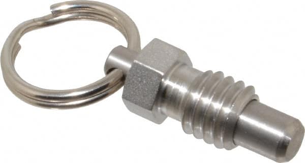 Vlier - 3/8-16, 0.31" Thread Length, 1/4" Plunger Diam, 0.28" Plunger Projection, 0.75 Lb Init to 3 Lb Final End Force, Stainless Steel Pull Ring Plunger - Exact Tooling